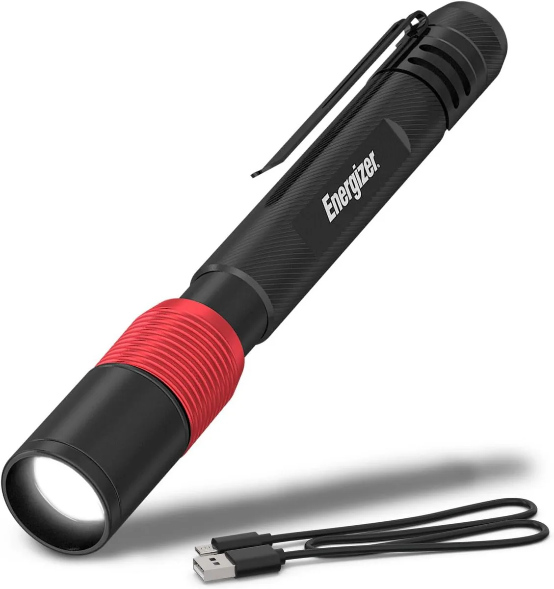 Energizer X-400 penlight, matte cylindrical body, USB charging port visible