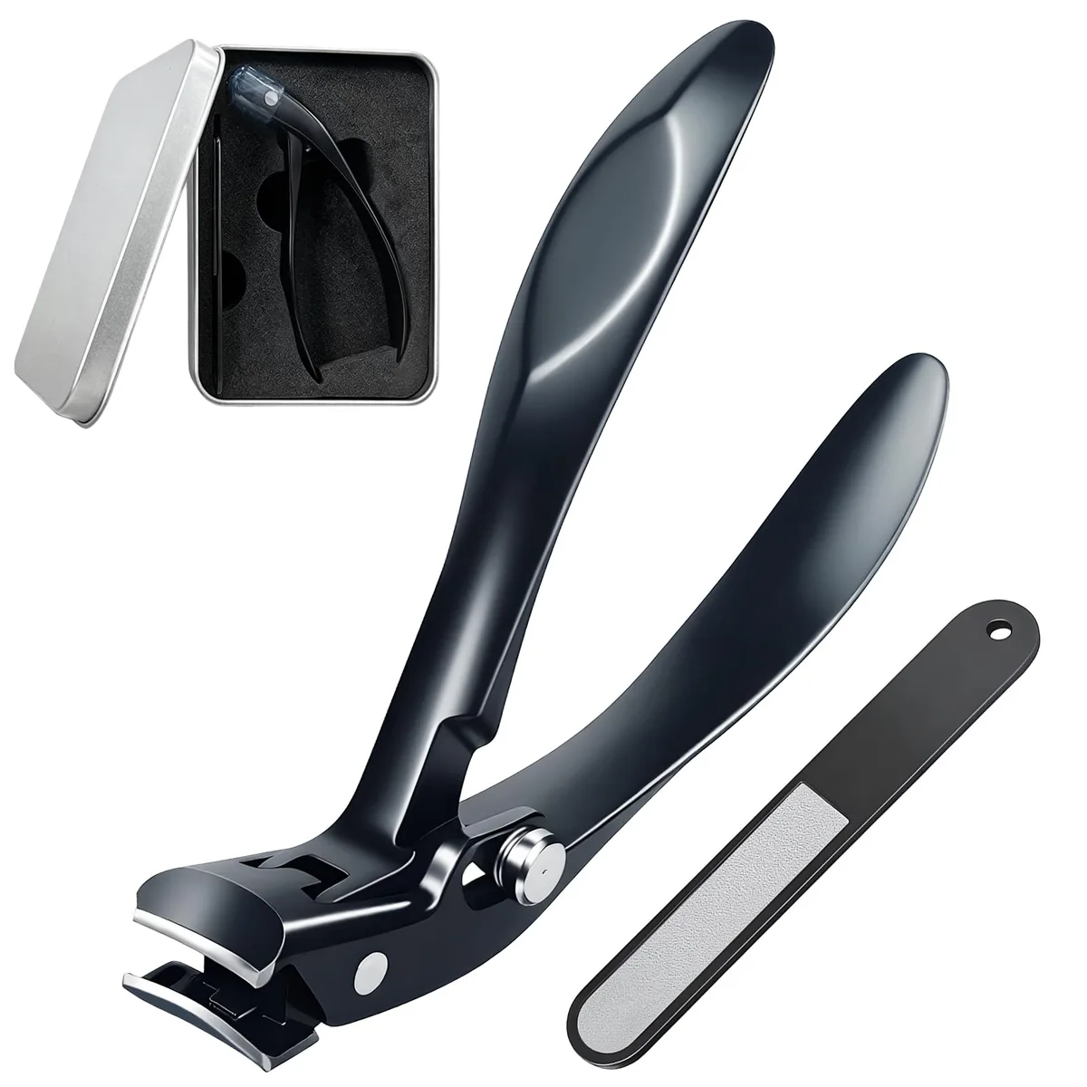 Long-handled black toenail trimmer with wide curved handles and 10 mm jaw opening