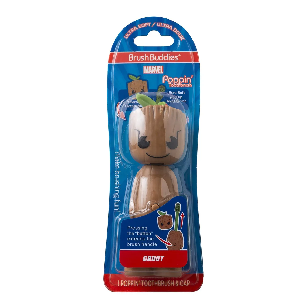 Green Groot character manual toothbrush with pop-up travel cover and soft bristles