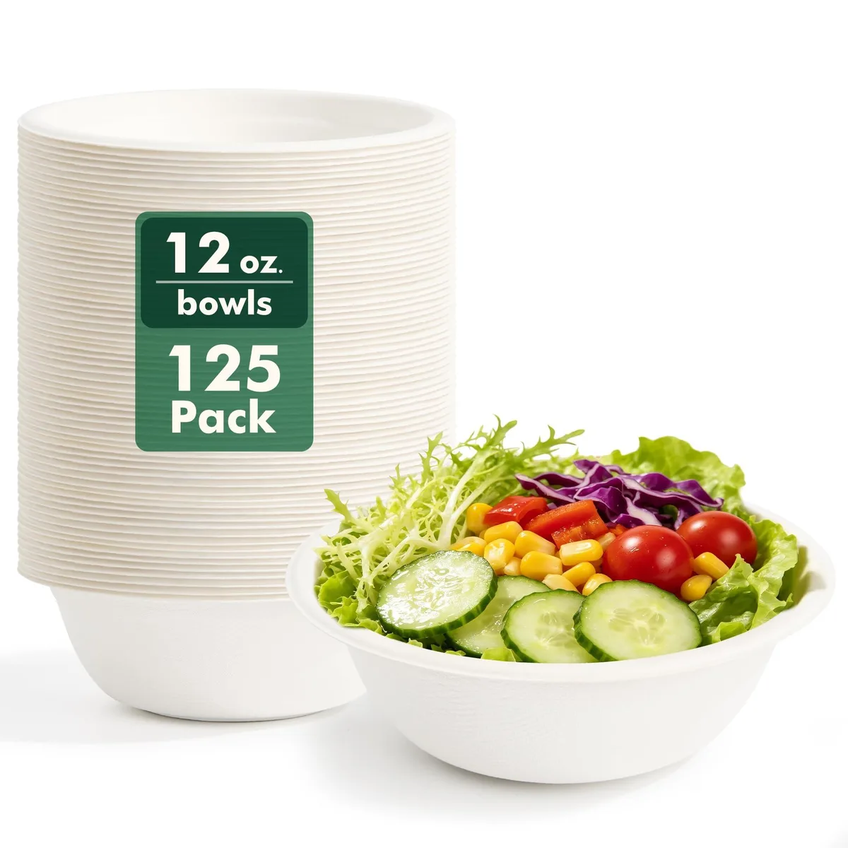 White round disposable bowl, 12 oz, sugarcane fibre, pack of 125