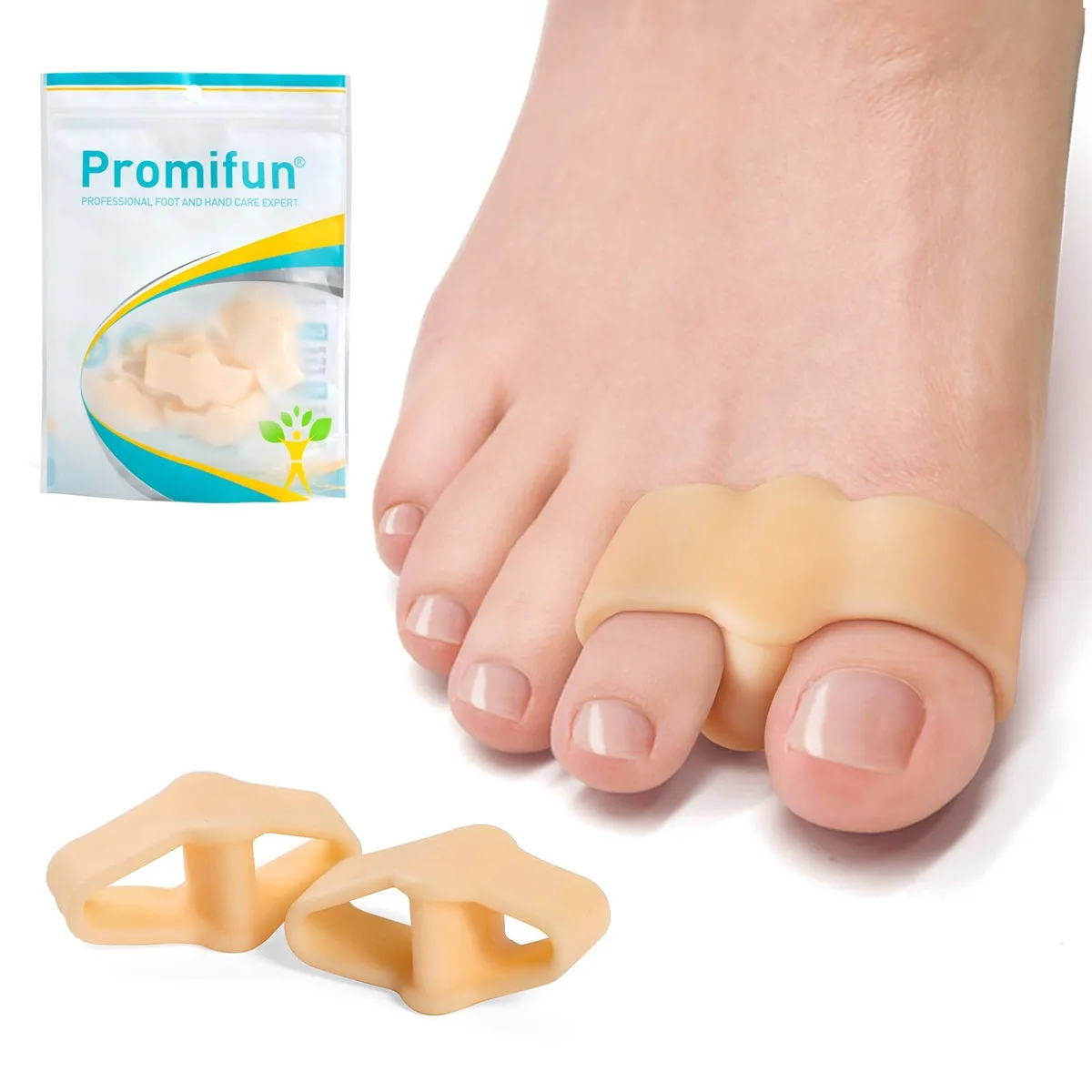 Ten beige gel toe spacers with double loops laid flat
