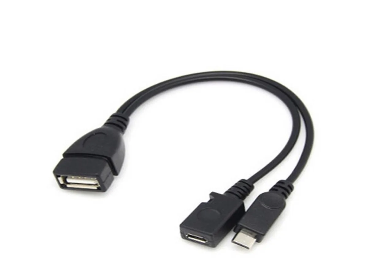 Black Y-splitter cable with micro USB male, micro USB female and USB-A female connectors