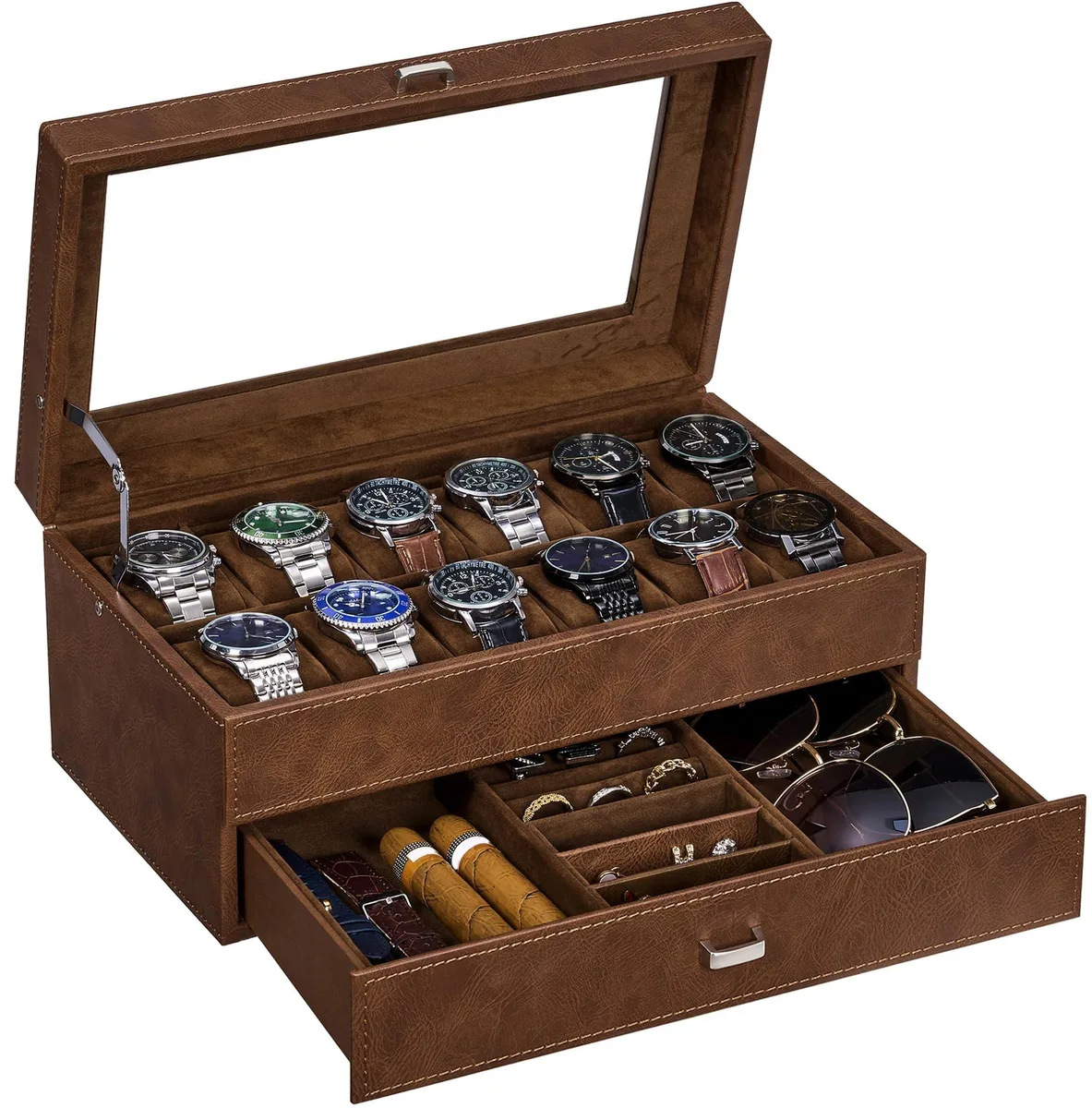 Espresso two-layer watch box with glass lid and twelve velvet pillows