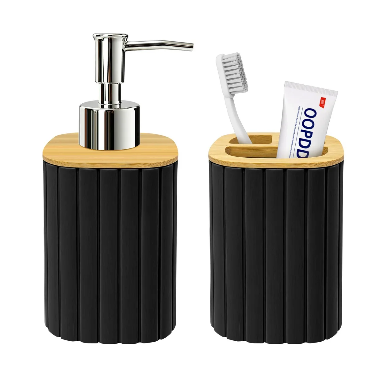 Black plastic soap dispenser and toothbrush holder with bamboo lids, two-piece set