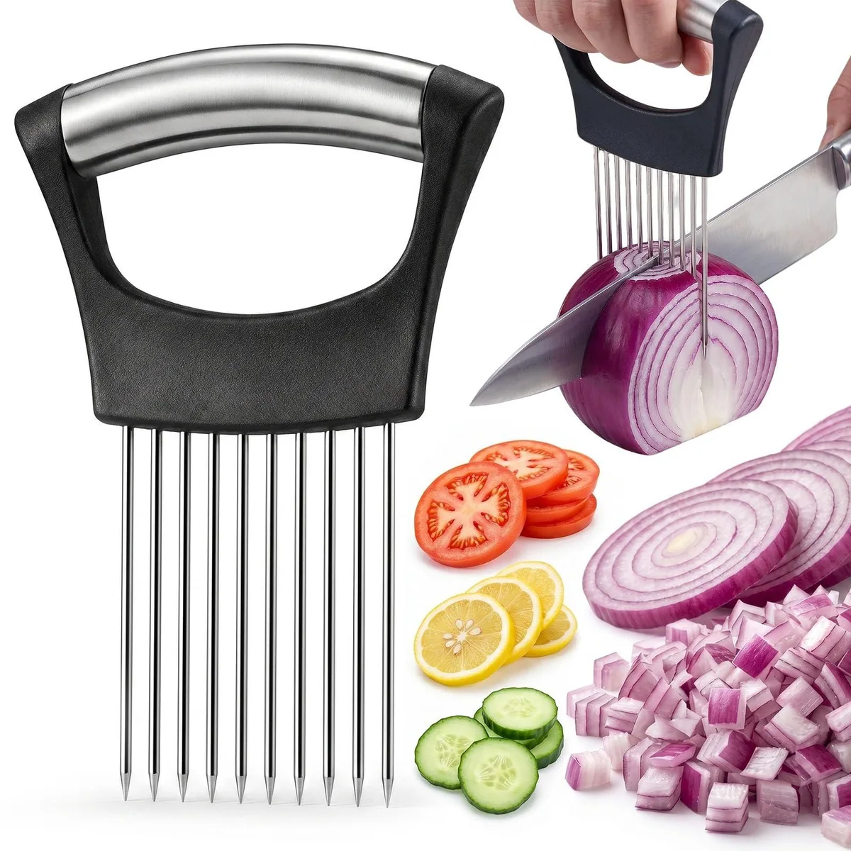 Stainless steel onion slicing holder with ten long needles and large handle, silver finish