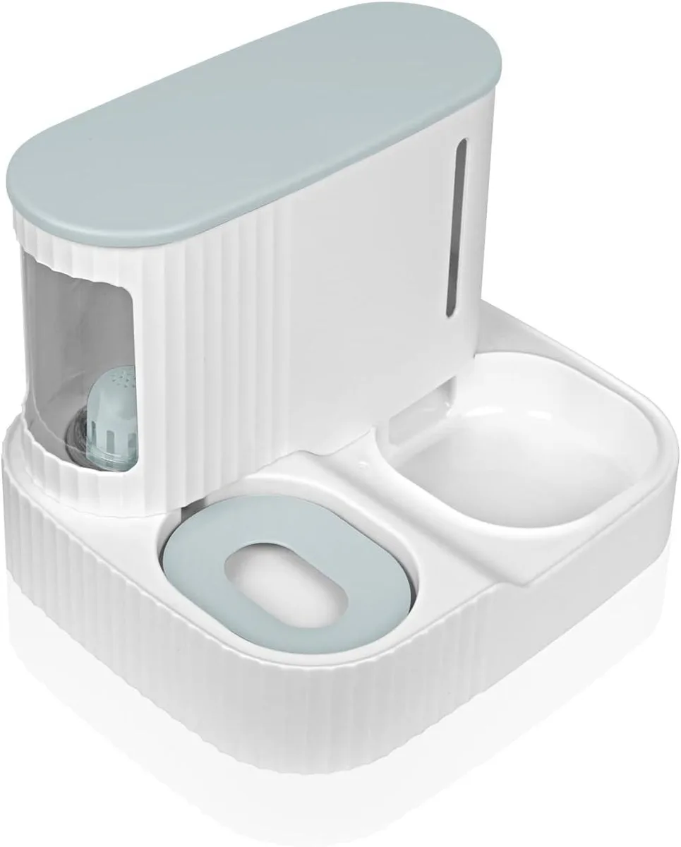 White two-in-one gravity pet feeder and water dispenser with transparent hoppers and floating water plate