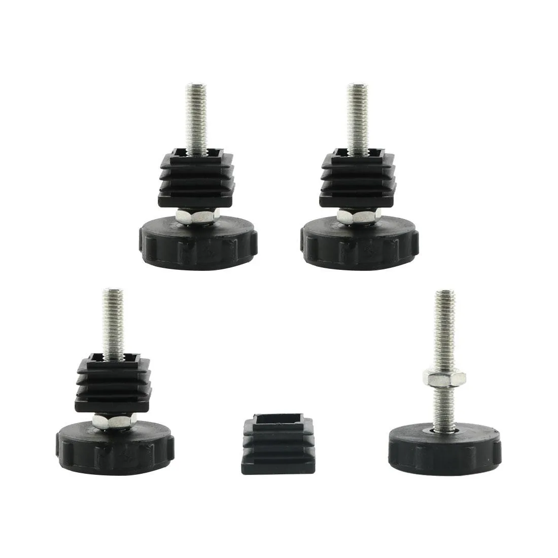 Four sets of square tube inserts with adjustable threaded feet and plastic bases