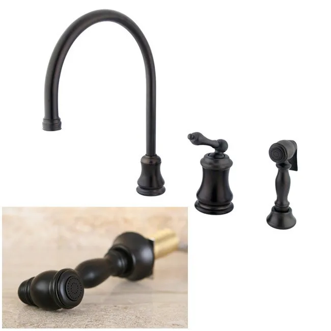 Oil-rubbed bronze widespread kitchen faucet with side sprayer