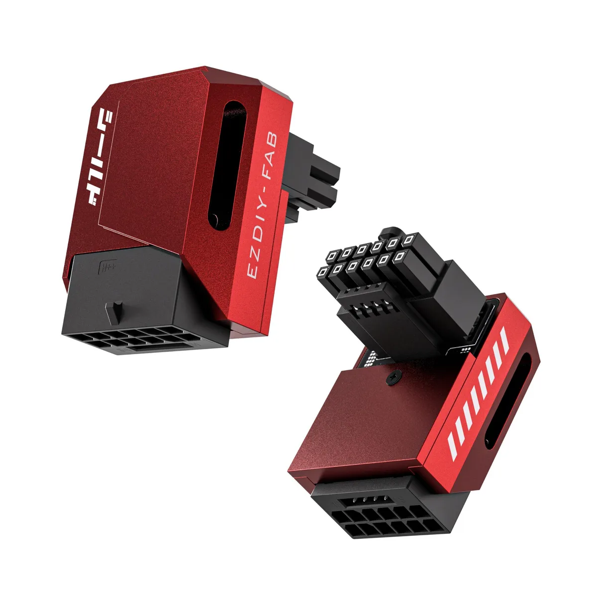 Red right-angle 12VHPWR GPU power adapter with aluminium housing