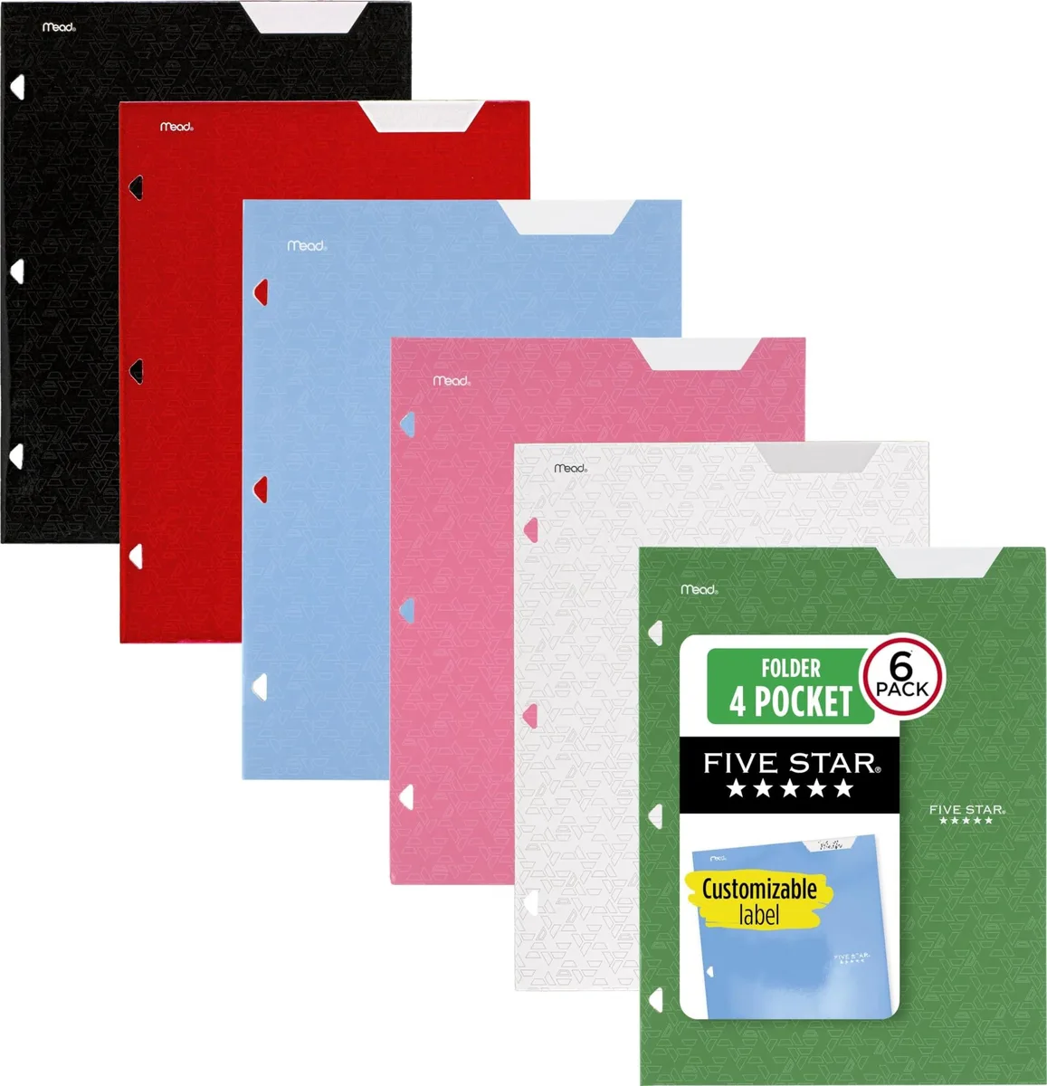 Six assorted colour paper folders with four pockets each, 3-hole punched for binders