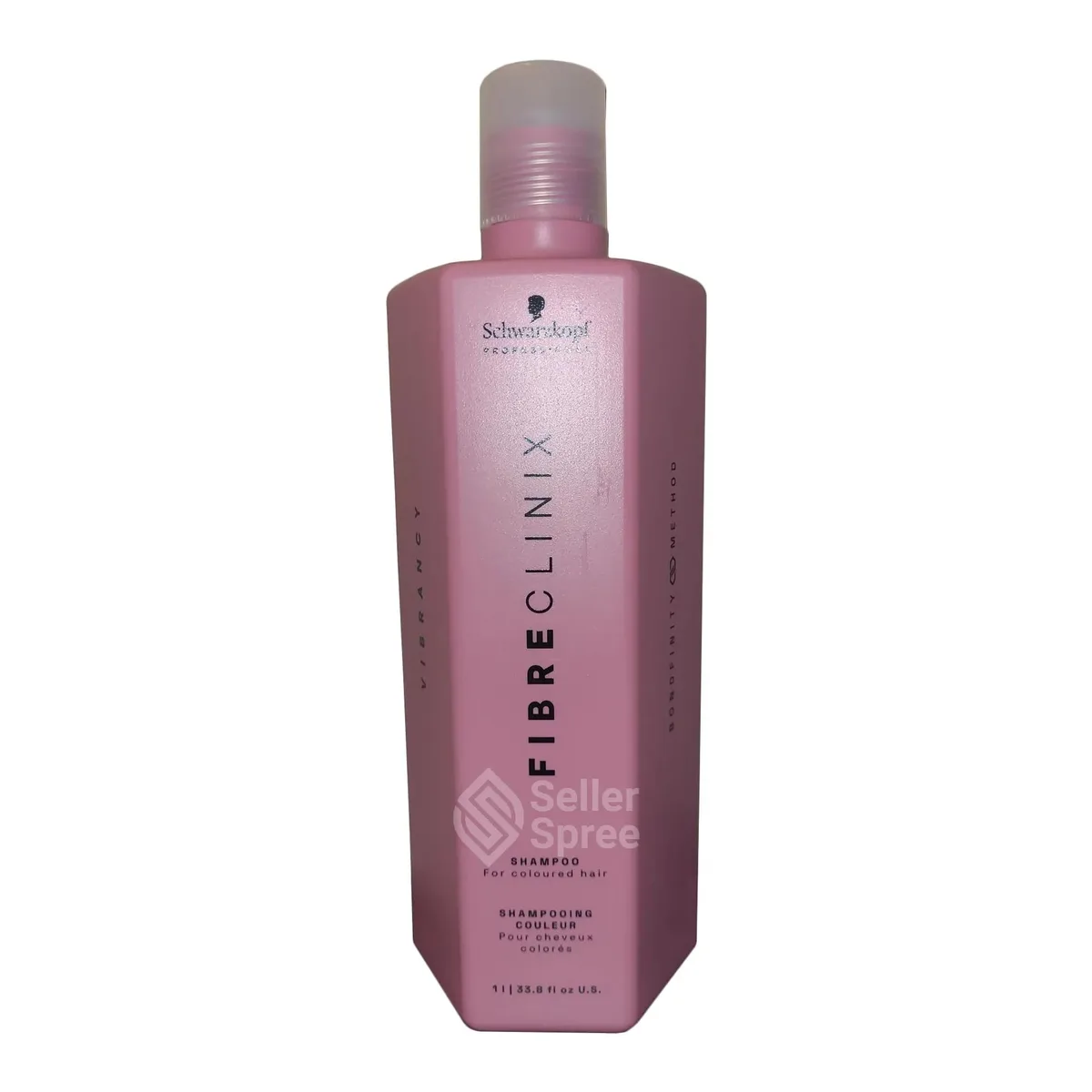 Large white 33.8oz shampoo bottle with black cap and multicoloured label