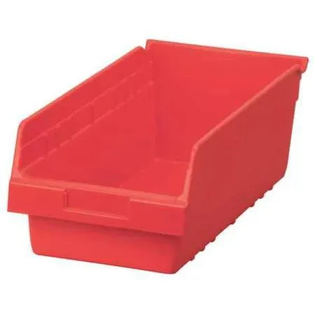 Red plastic shelf bin with open top and molded label area