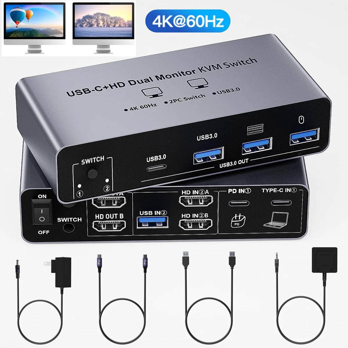 WRIARICH WRIARICH KVM202 dual-monitor USB-C HDMI KVM switch 4K@60Hz 100W PD — product photo