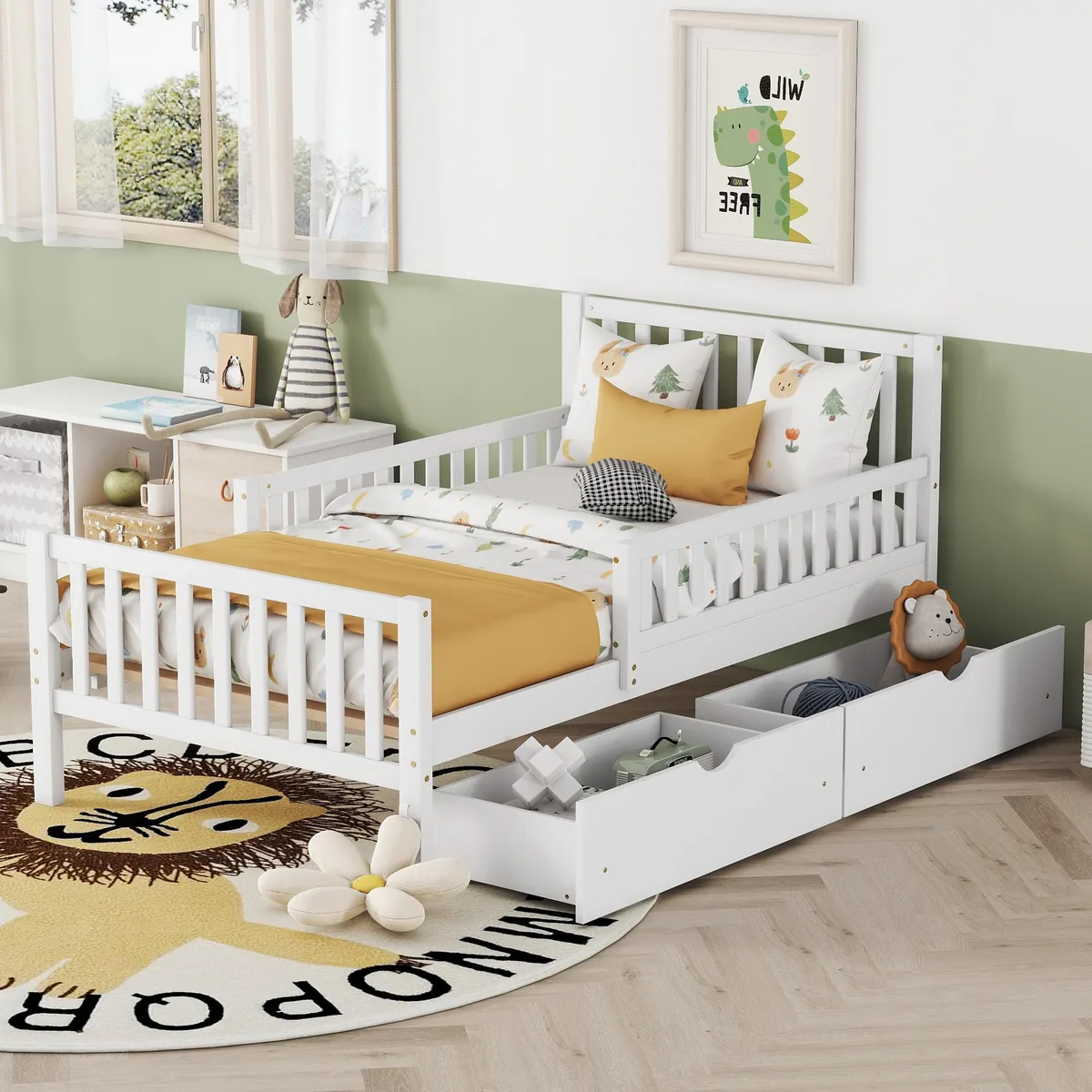 White wooden twin platform bed with guardrails on both sides and two storage drawers underneath