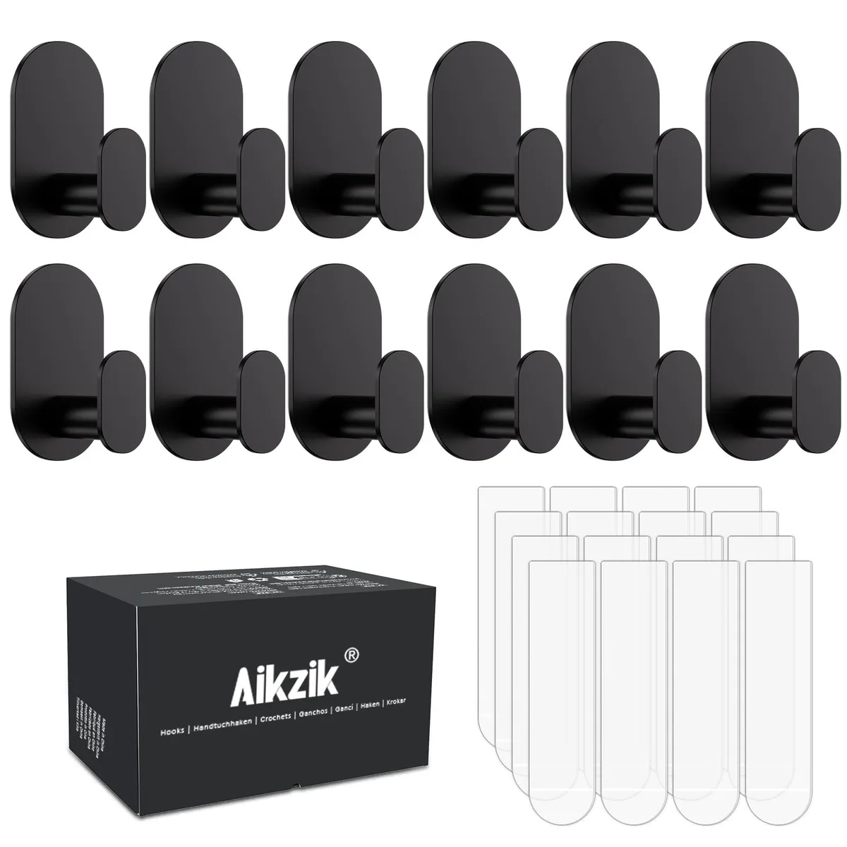 Twelve black adhesive wall hooks with sixteen removable strips on white background