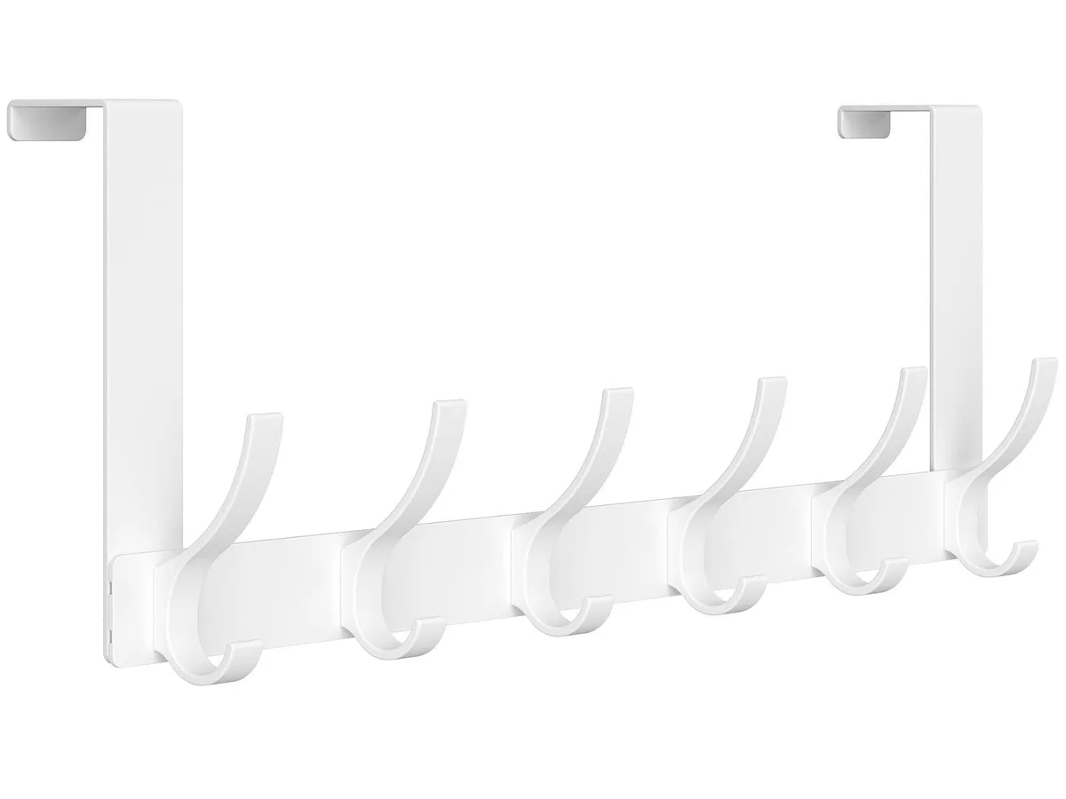 White over-door rack with twelve hooks, metal frame, sponge backing