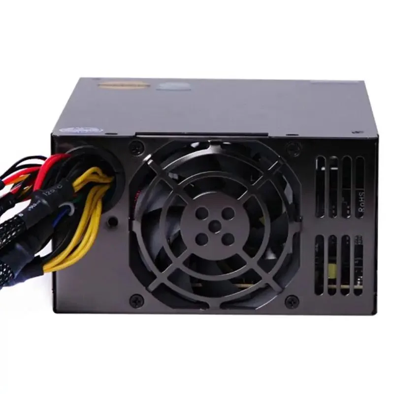 Rectangular ATX power supply unit in matte black finish with cooling fan grille and cable bundle visible