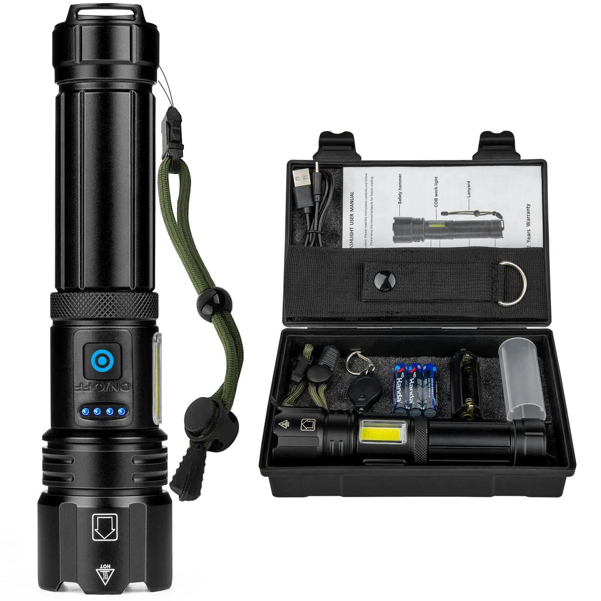 Black aluminium flashlight with COB side light, 170 mm long, USB-C charging port visible