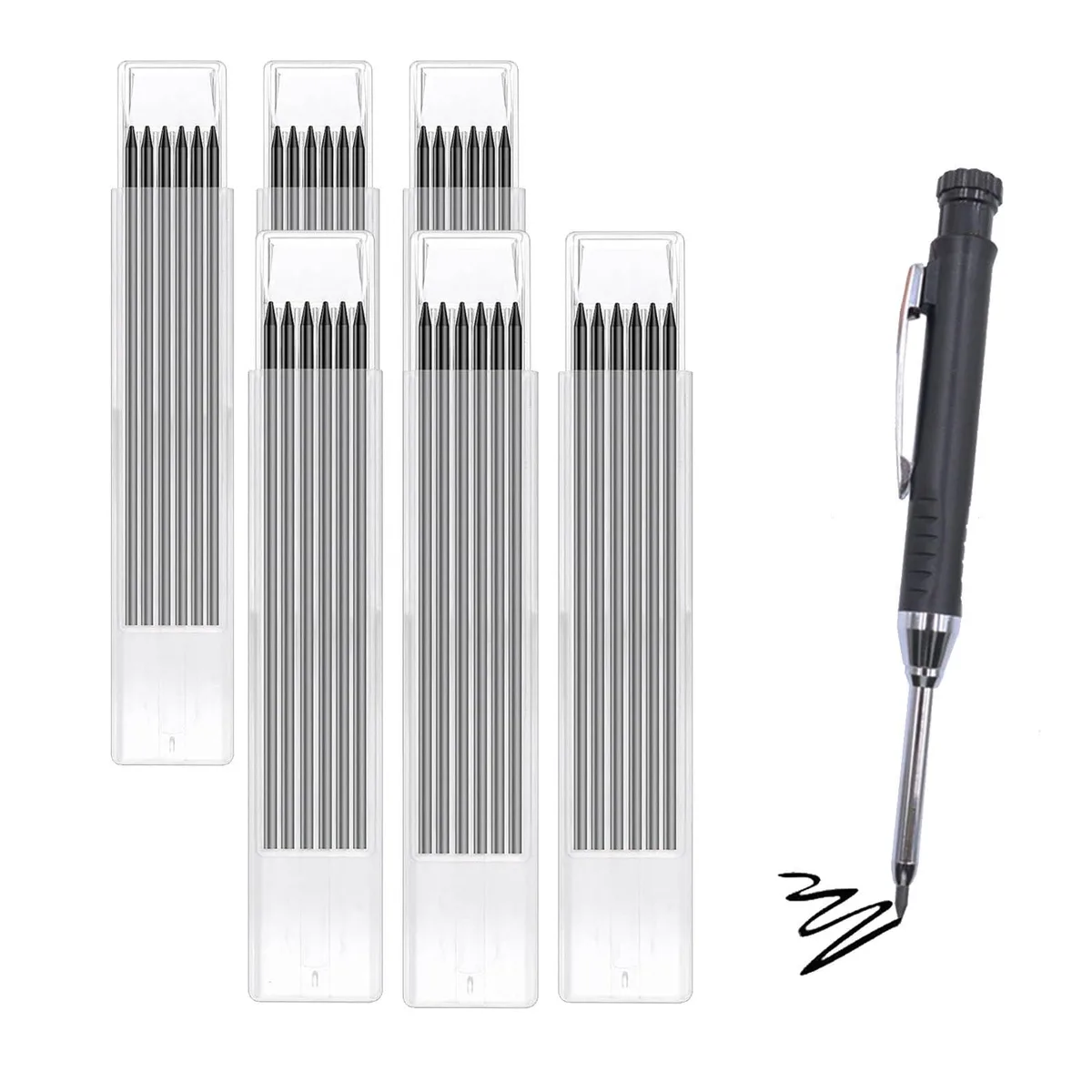 Blue Logitech set with 36 black 2.8mm graphite refills in six boxes and a 150mm carpenter pencil featuring a 45mm needle-nose tip