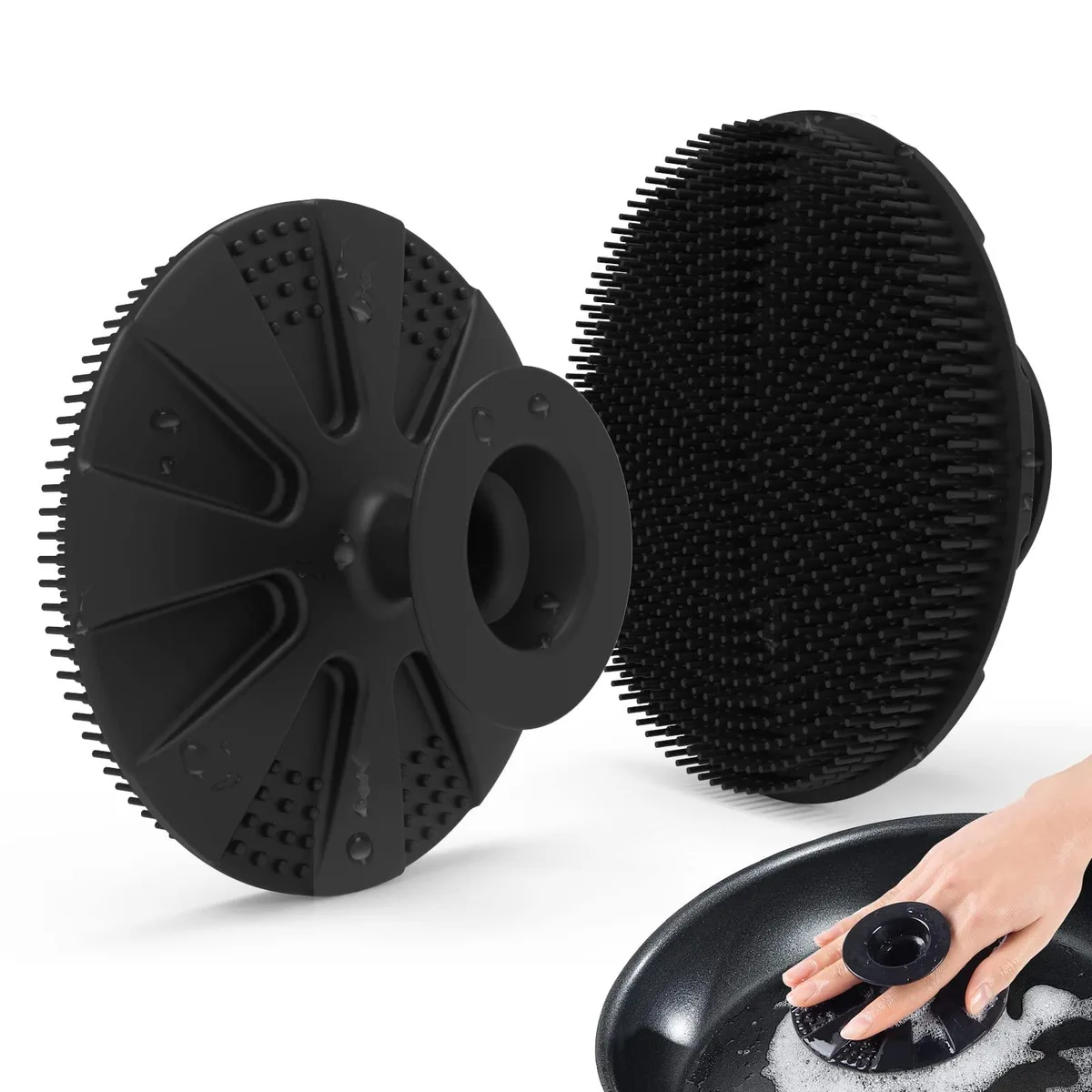 Black silicone cleaning sponge with suction handle, 4 by 4 by 1.7 inches, .05 kg