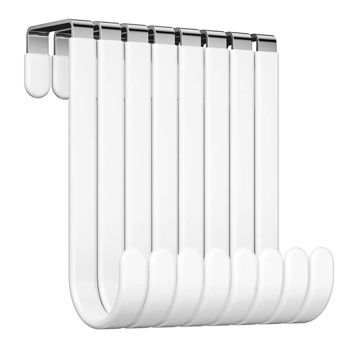 Eight white over-door hooks with brushed metal finish and rubber coating