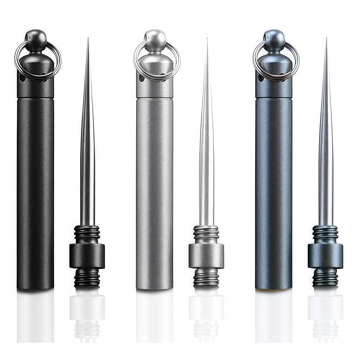 Three silver metal toothpicks in aerospace-grade aluminium holders with stainless steel rods, bolt-action design, ventilation holes