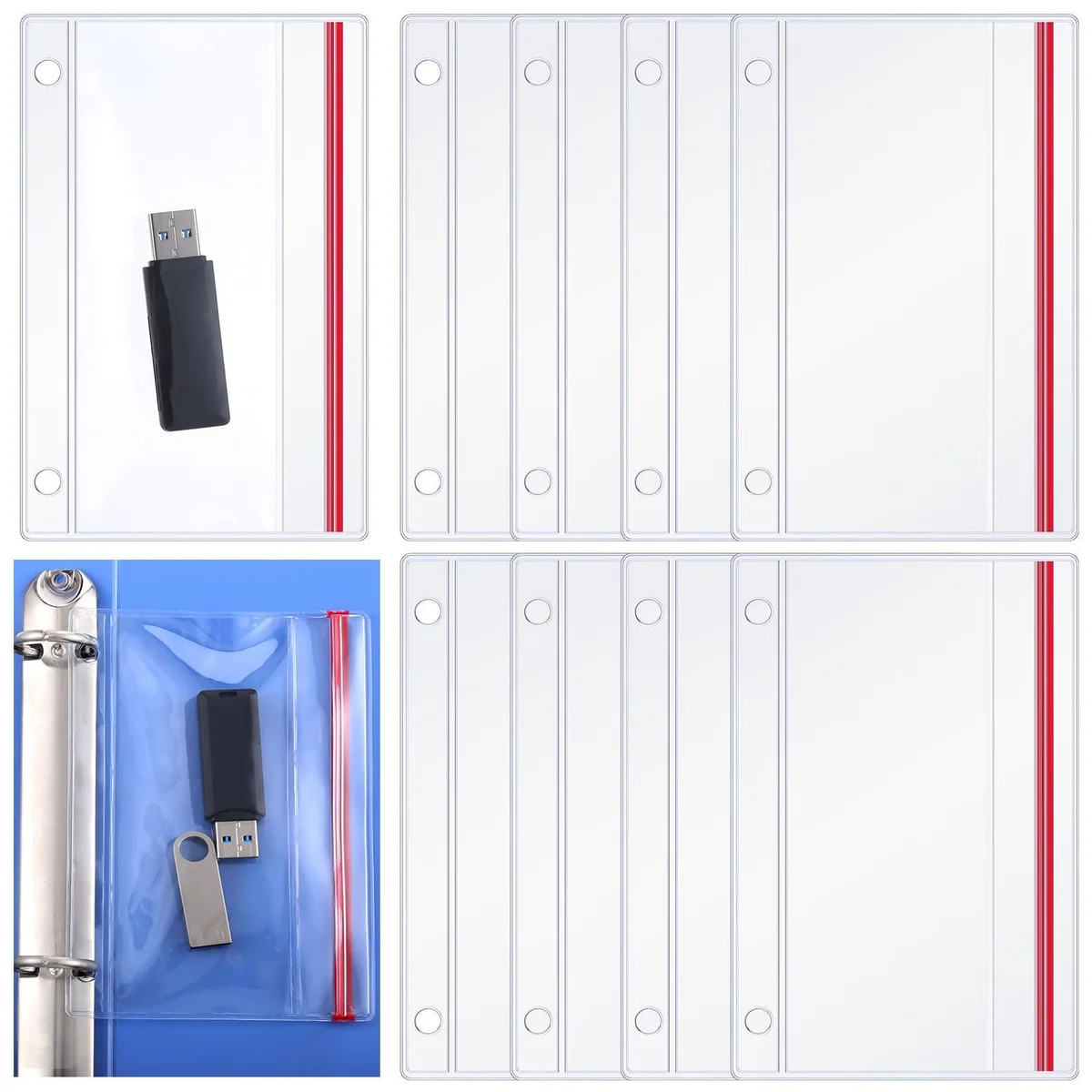 Ten clear vinyl zipper pockets with three-ring binder holes, shown in a stack