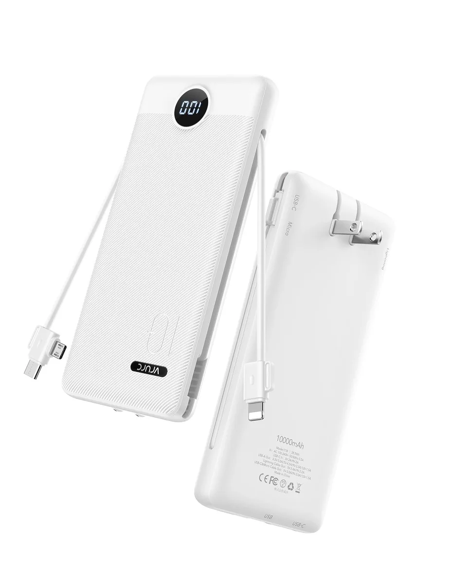  VRURC T18 10000mAh power bank 22.5W built-in cables AC plug — product photo