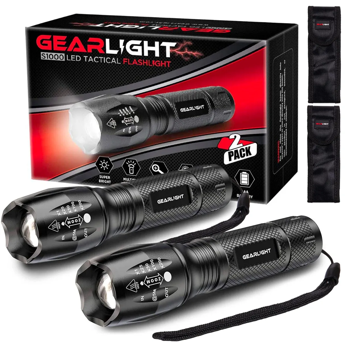 Two compact aluminum tactical flashlights with zoomable beams, matte finish, and wrist straps