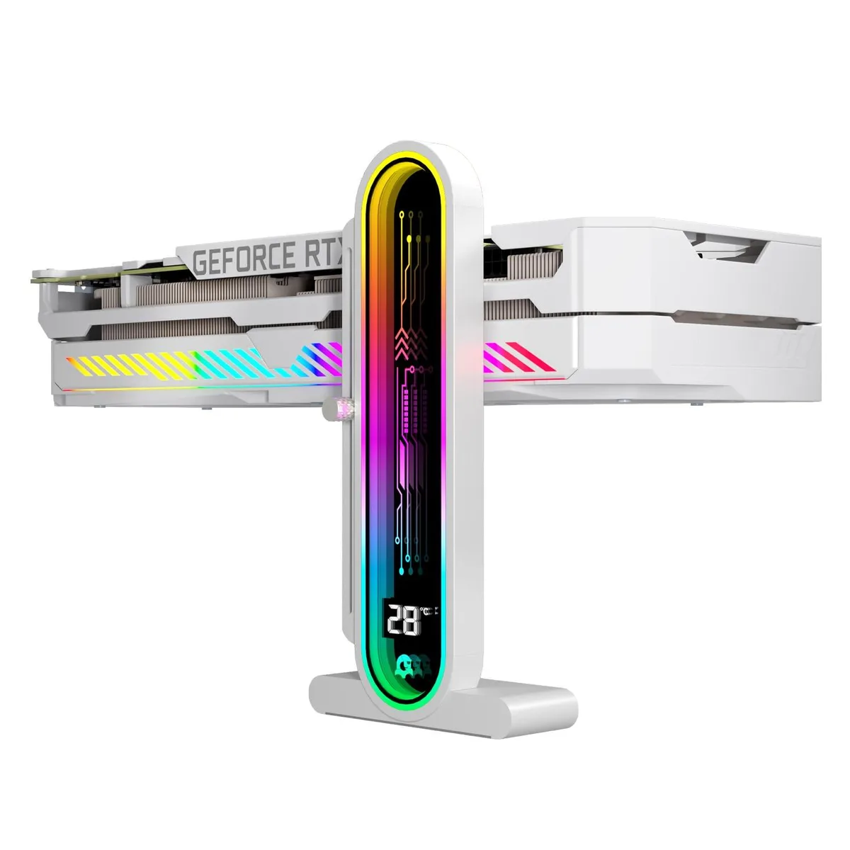 White ARGB GPU support bracket with temperature display, adjustable height, magnetic base, silicone pad