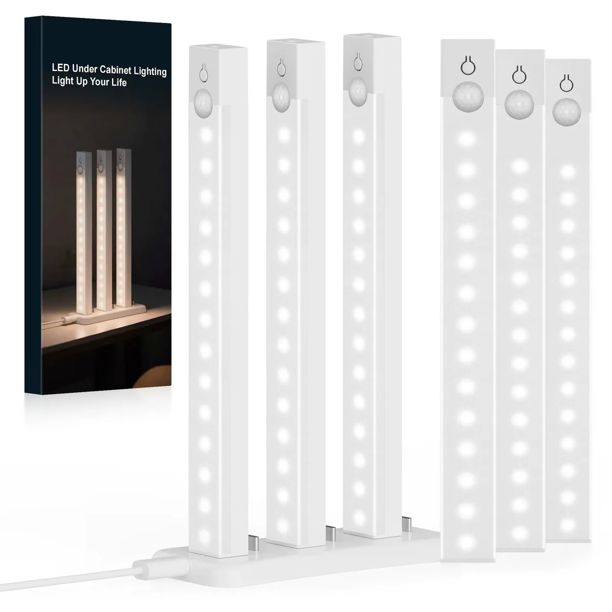 Twelve white rectangular LED bars with two white USB-C charging docks