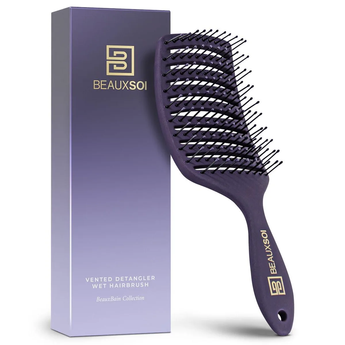 Purple vented detangling brush with curved handle and flexible bristles