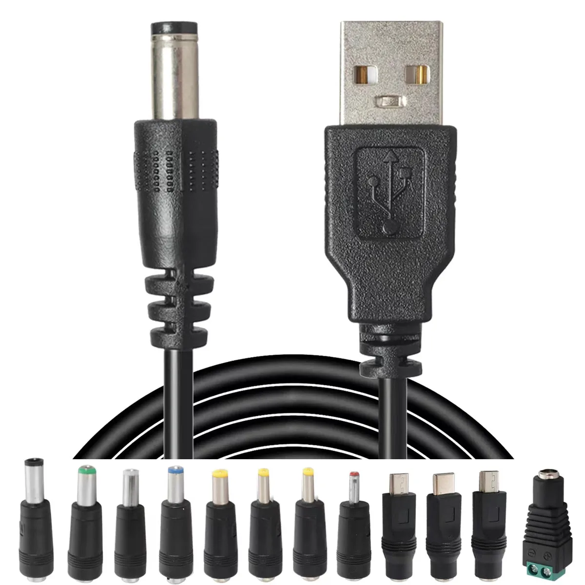 Black USB 2.0 A male to DC barrel cable with twelve interchangeable tips including Type-C Micro USB Mini USB and various DC sizes