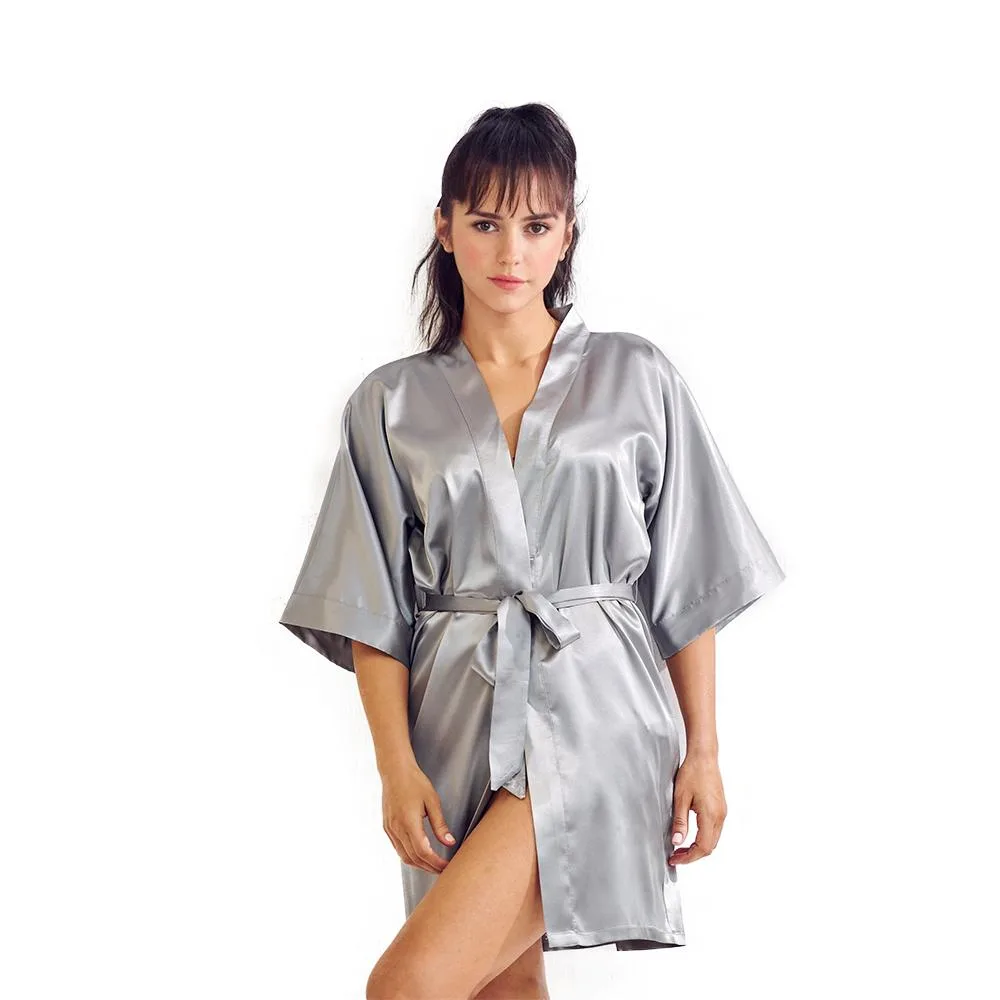 Silver satin kimono robe with belt, short length, 3/4 sleeves