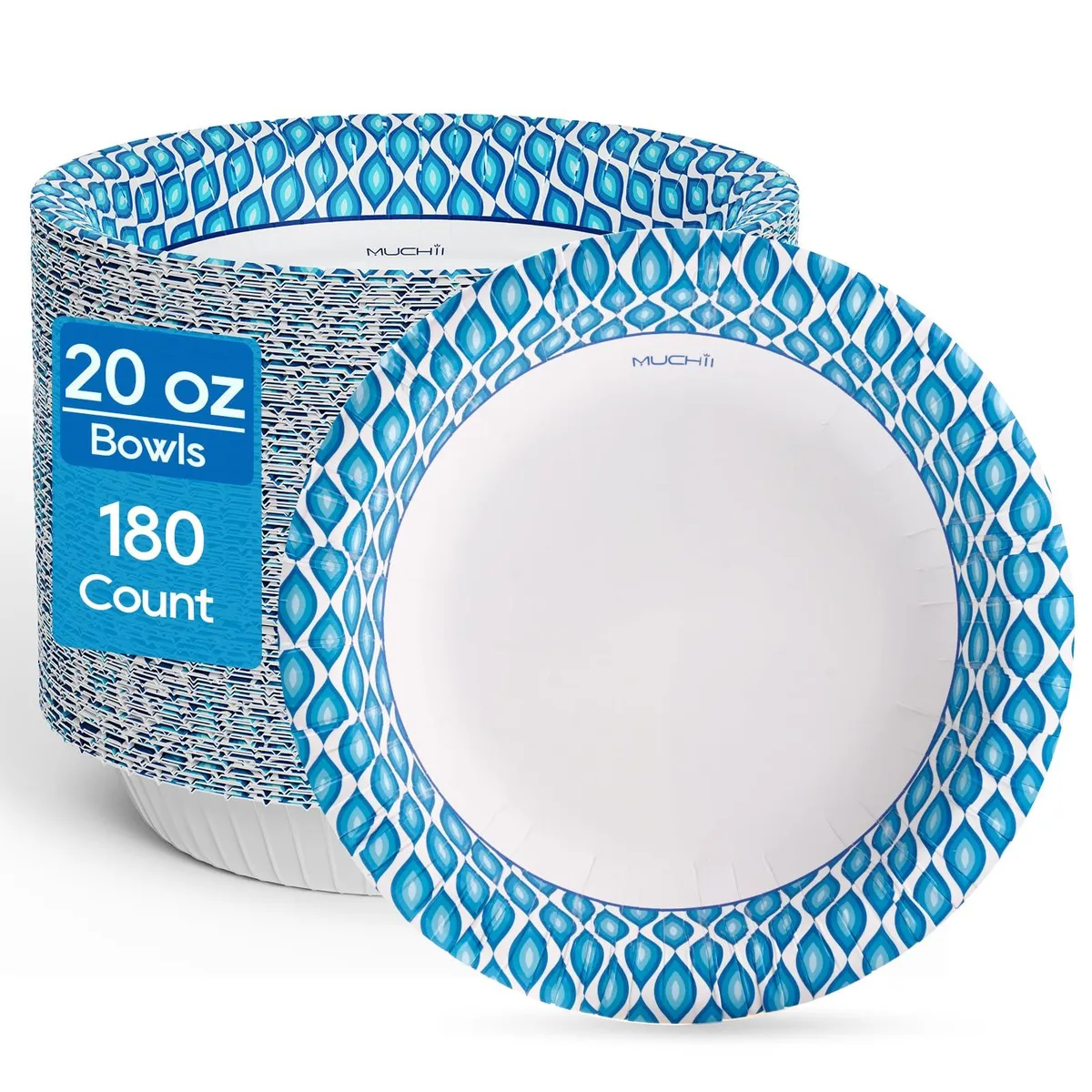 Pack of 180 round brown and red printed paper bowls, 20 oz each