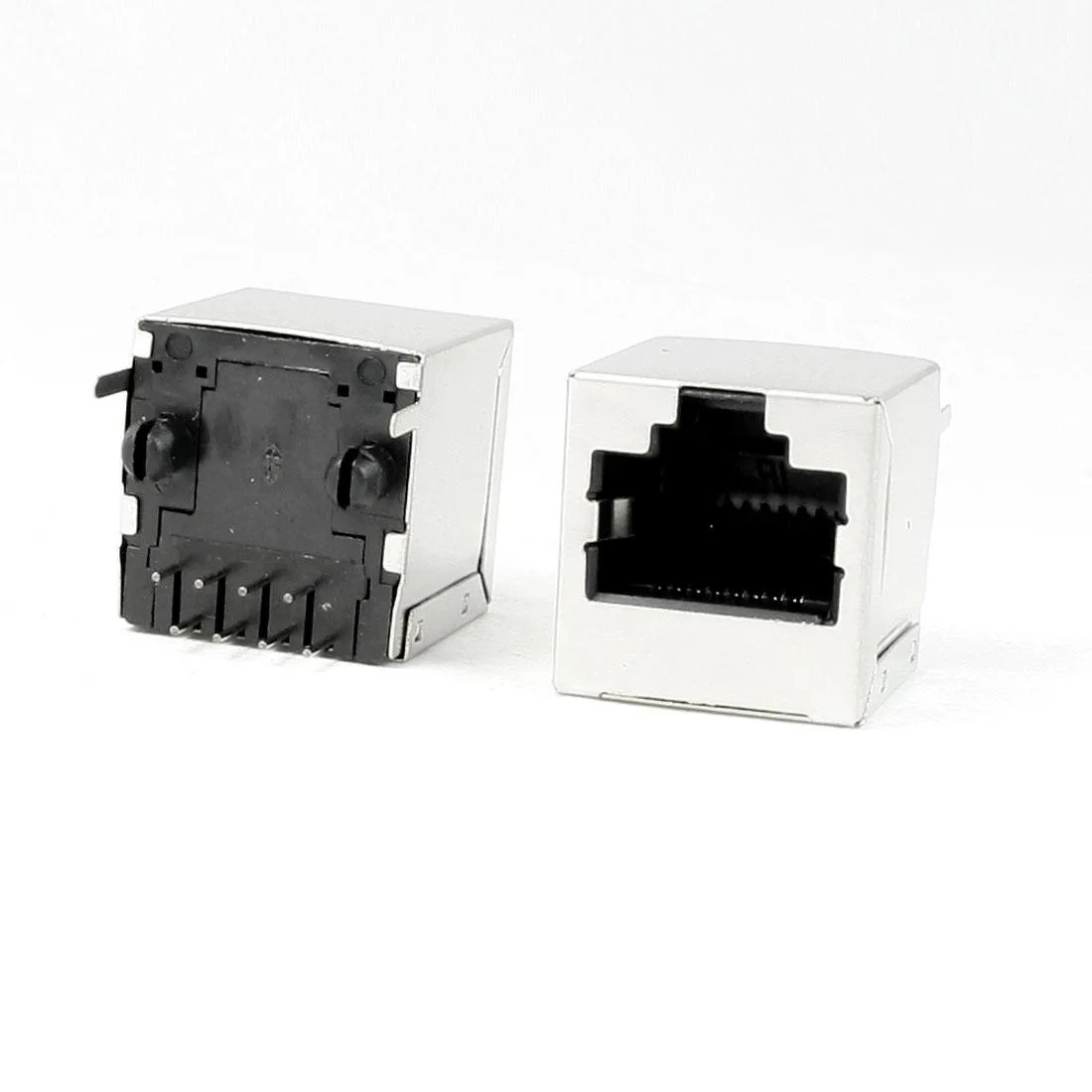 Ten black plastic RJ45 jacks with silver vertical pins