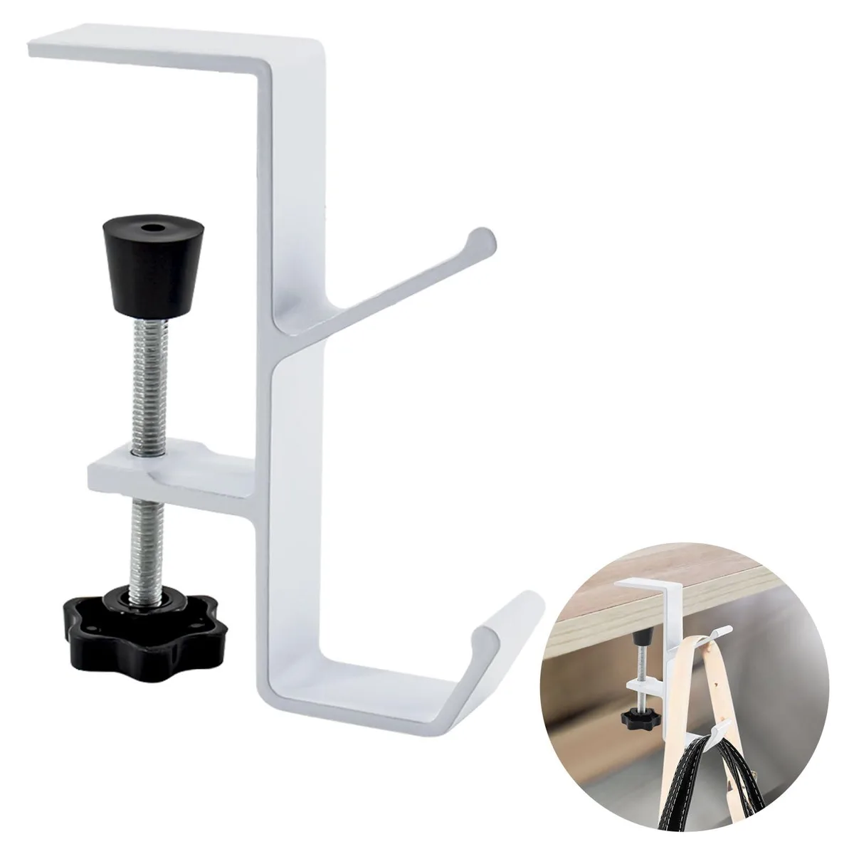 White clamp-on desk hook with adjustable jaws and padded grip