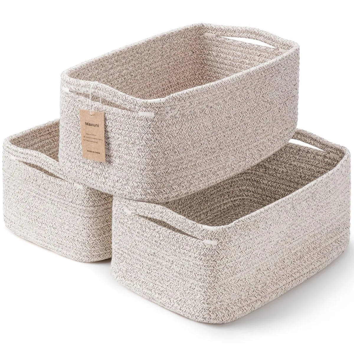 Three woven cotton rope baskets in brown, rectangular with open tops and integrated handles