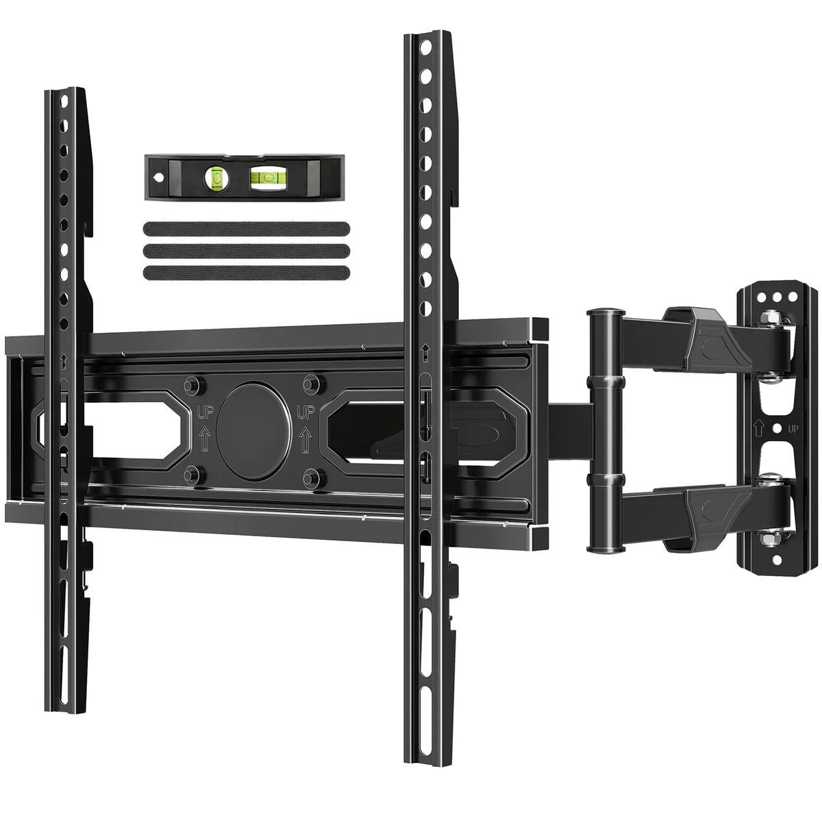 Black metal articulated TV wall bracket with pivoting arm and corner mount plate