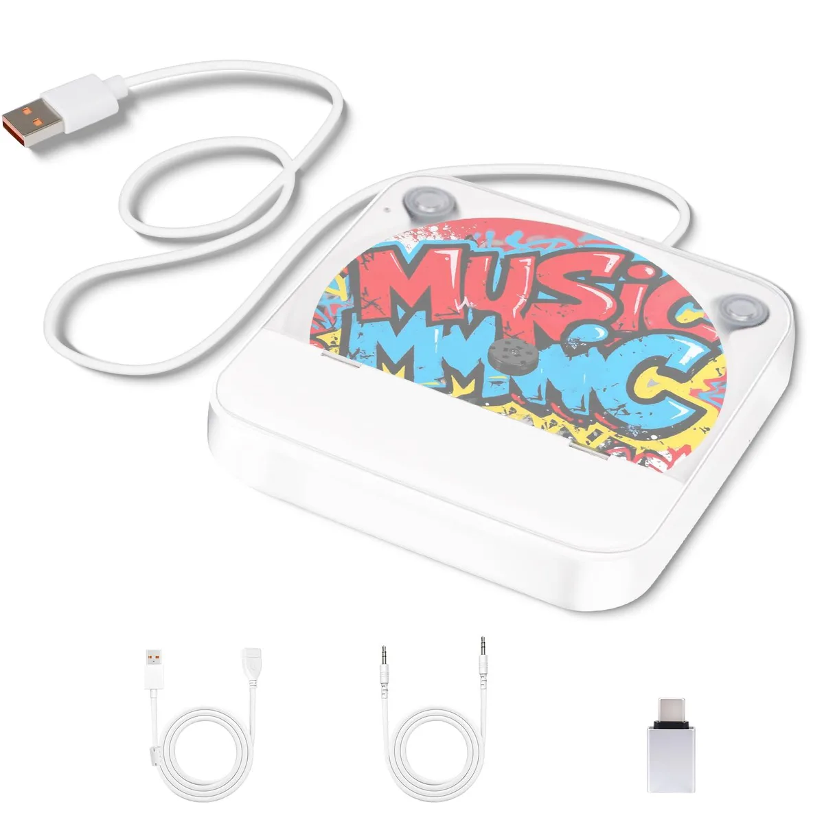 White rectangular portable CD player with USB 2.0 and AUX ports, magnetic lid, four rubber feet