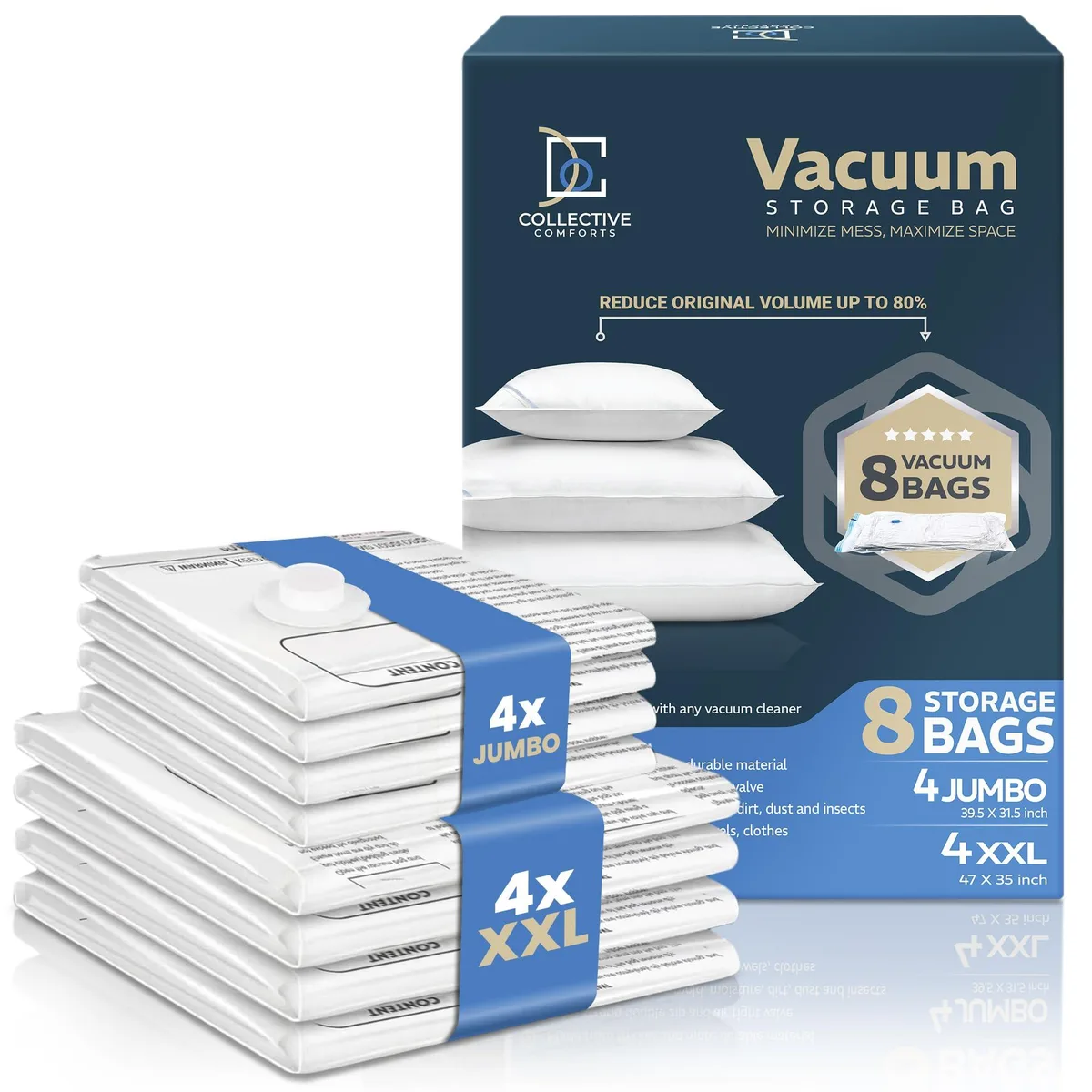  Collective Comforts Vacuum Storage Bags 8-Pack 4 XXL 47x35in 4 Jumbo 39.5x31.5in — product photo