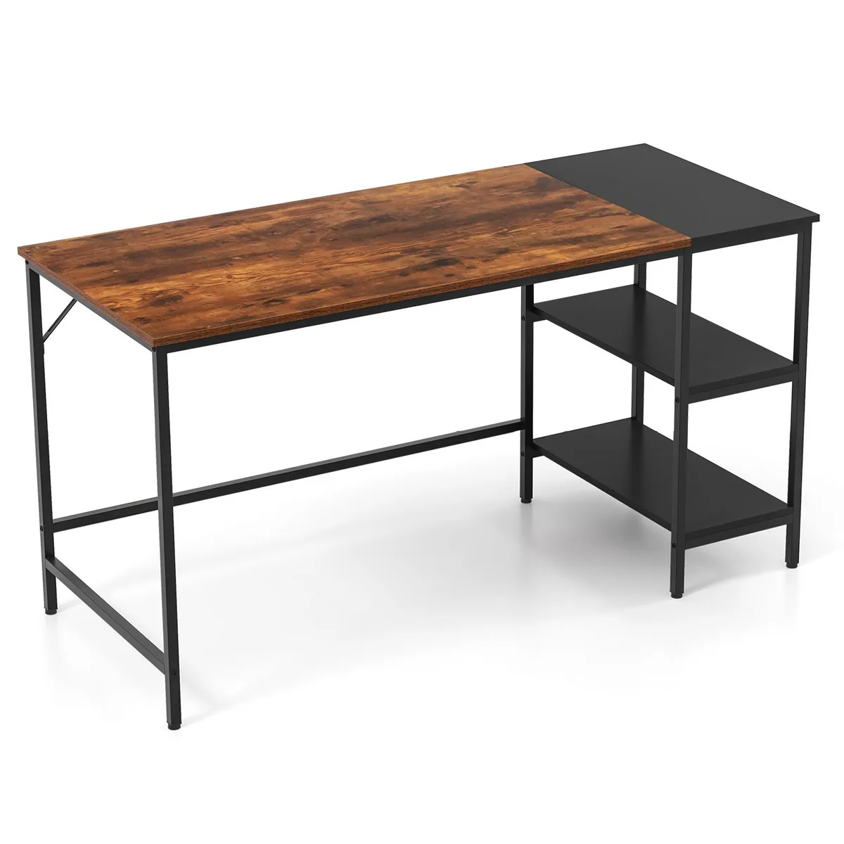 Rustic brown and black split tabletop on black metal frame with two open shelves underneath