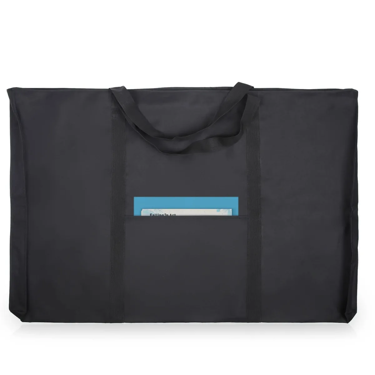 Black rectangular tote bag with zipper closure and front pocket, shown flat with carry handles