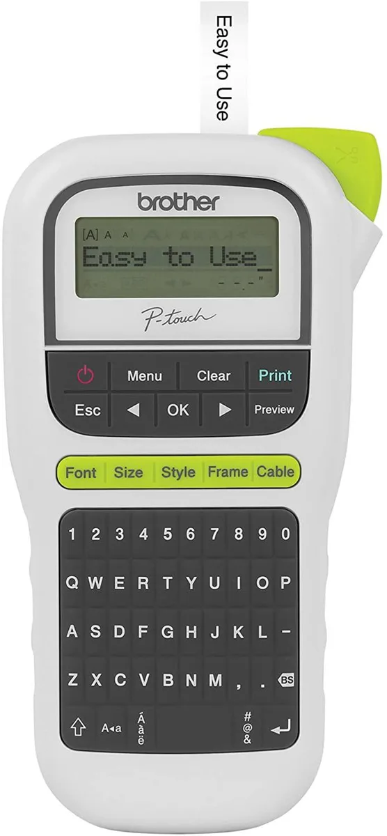 White handheld label maker with QWERTY keyboard and graphical display