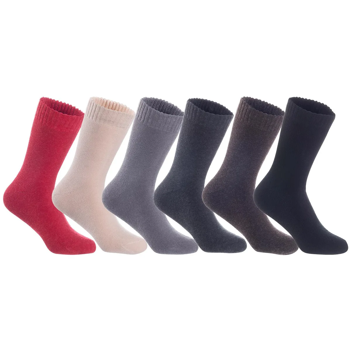 Six pairs of wool crew socks in assorted colours
