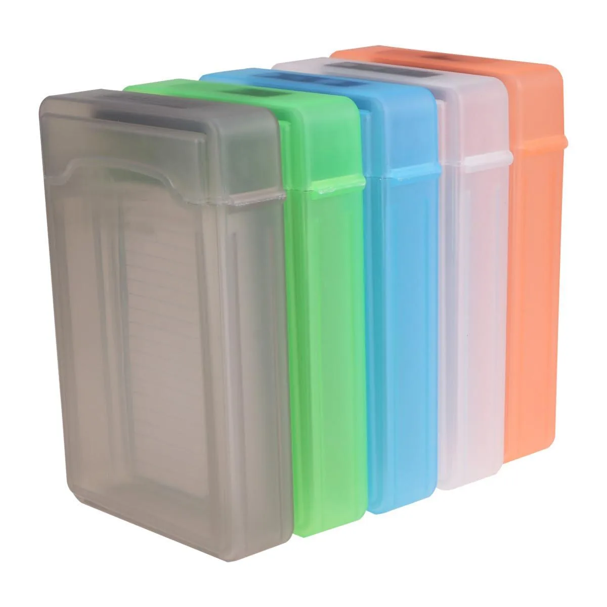 Five plastic 3.5 inch HDD cases in mixed colours, each with a snap lock and label area