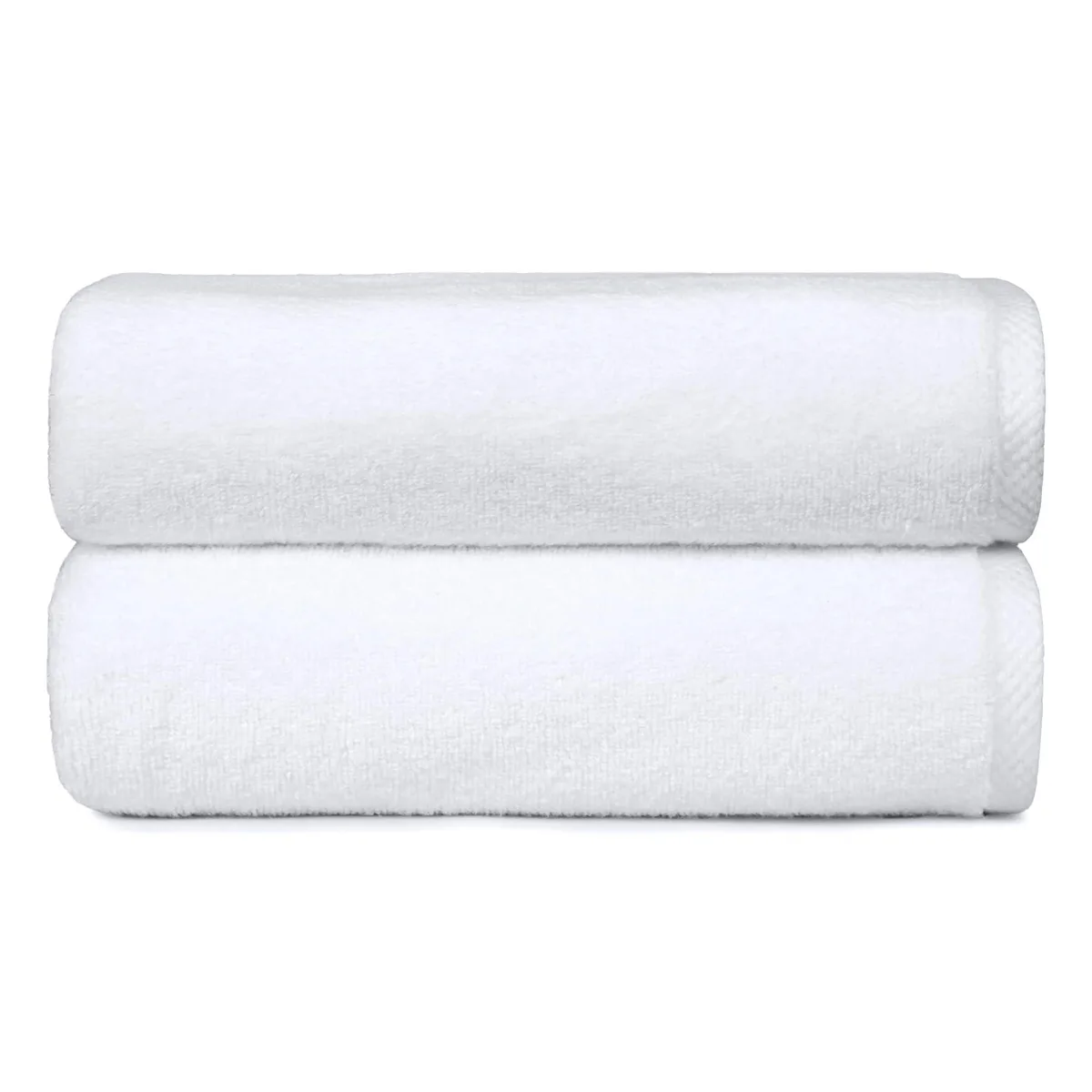 Two white rectangular cotton bath towels, each 54 by 30 inches, folded together