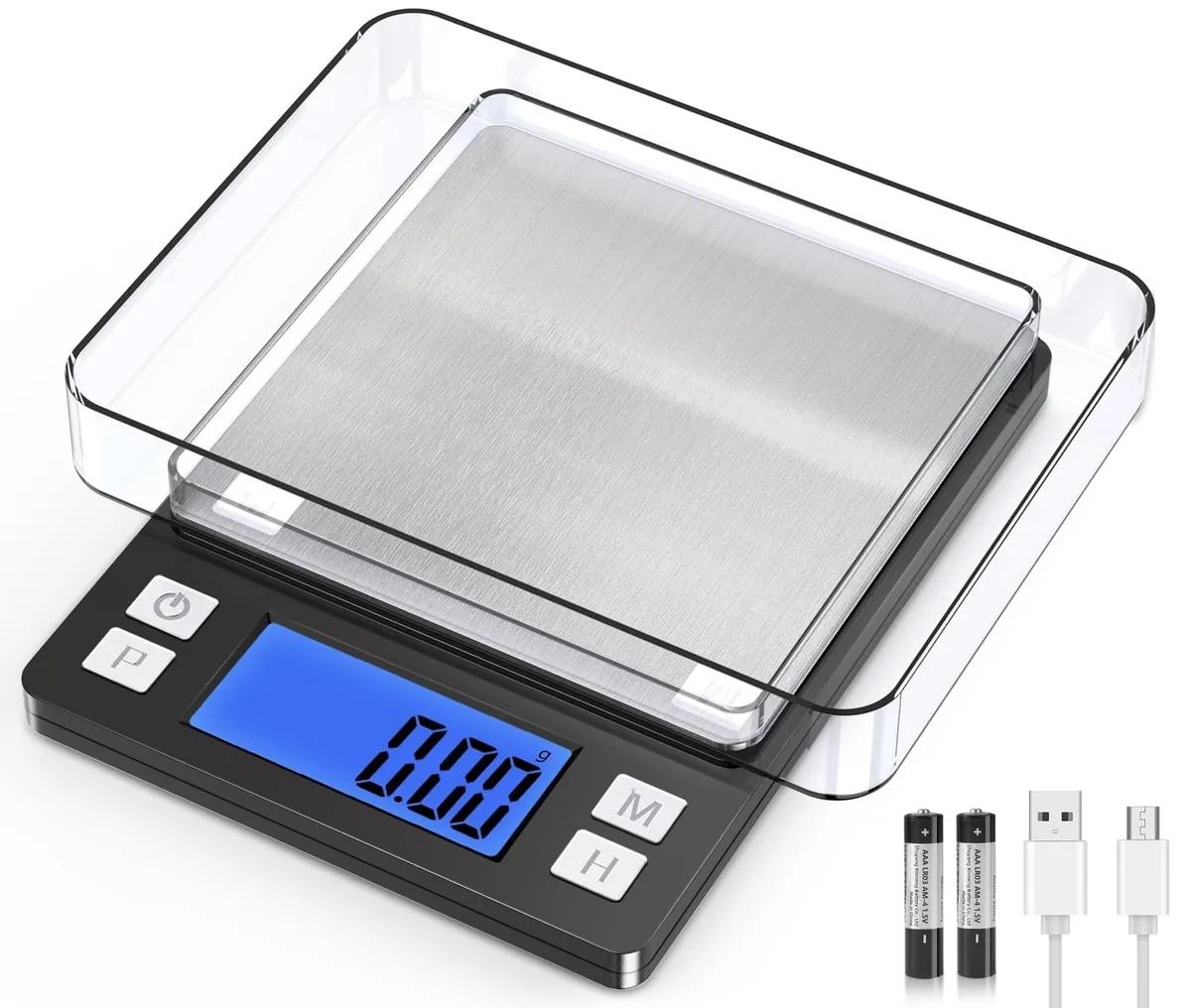 Compact black digital scale with stainless steel platform, backlit LCD, and two transparent trays