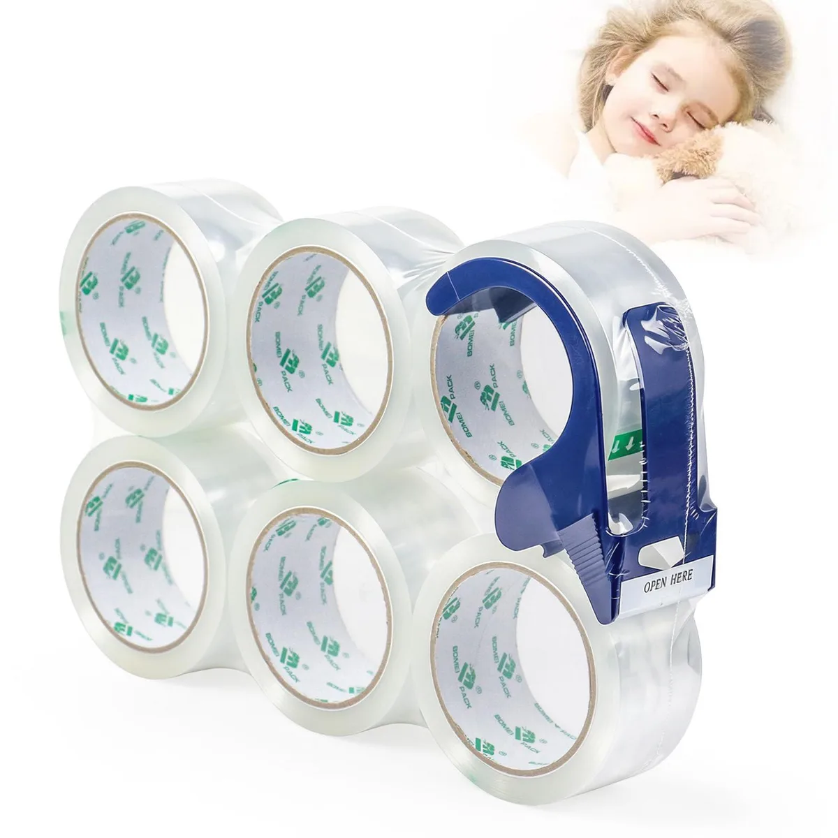  6 Rolls Clear Silent Packing Tape 1.88" x 60 yds 2.4mil with Blue Dispenser — product photo