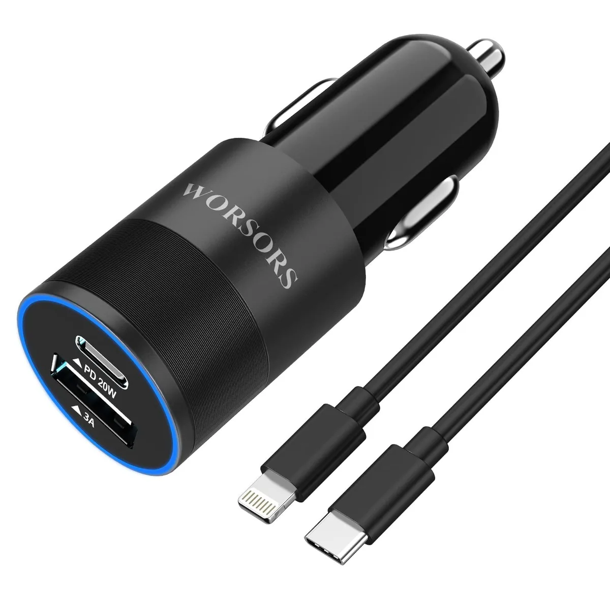  WORSORS CC003 35W USB C Car Charger with 3.3ft Type C to Lightning Cable Black — product photo
